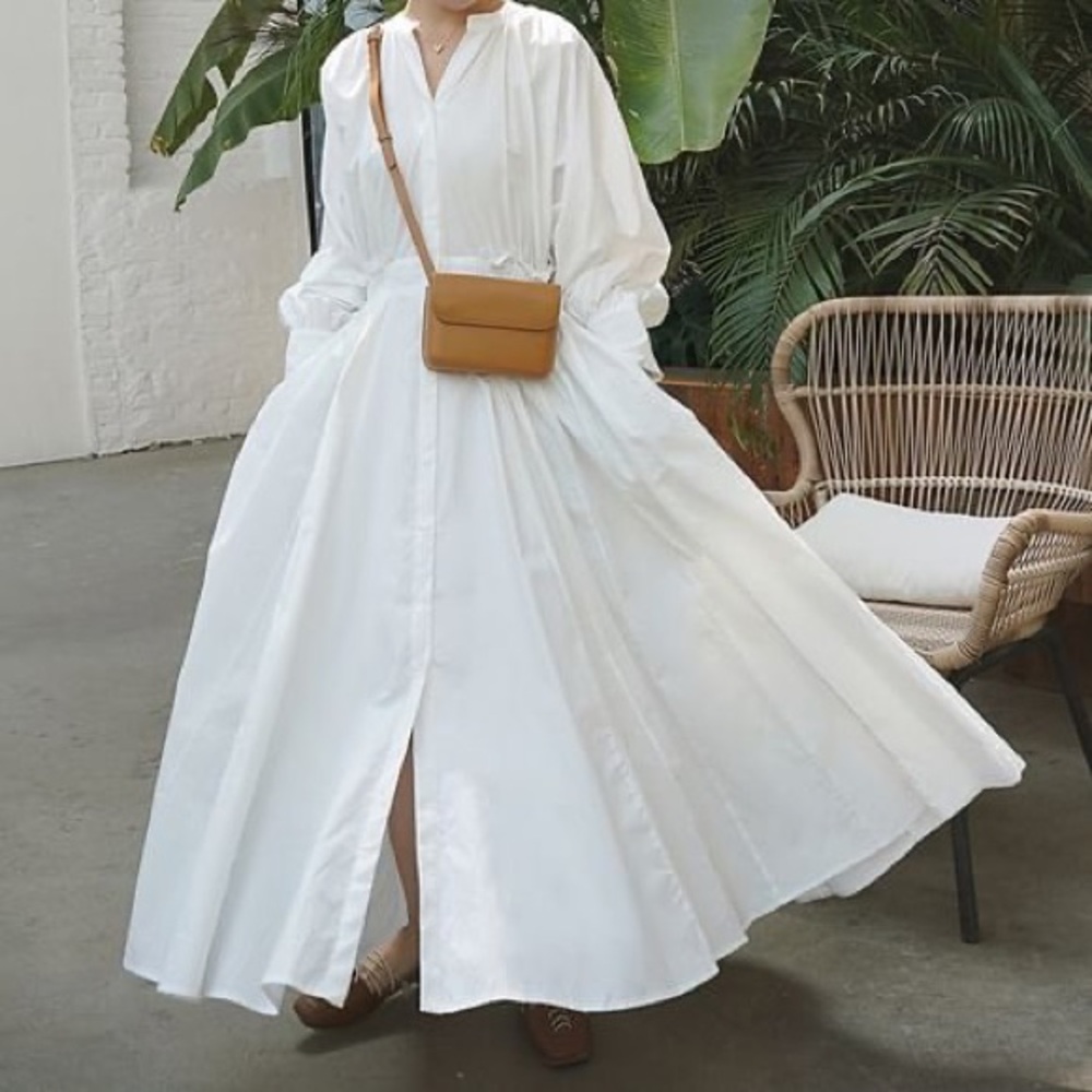 BRAND NEW Ango - Long-Sleeve White V-Neck Plain Maxi Shirt Dress